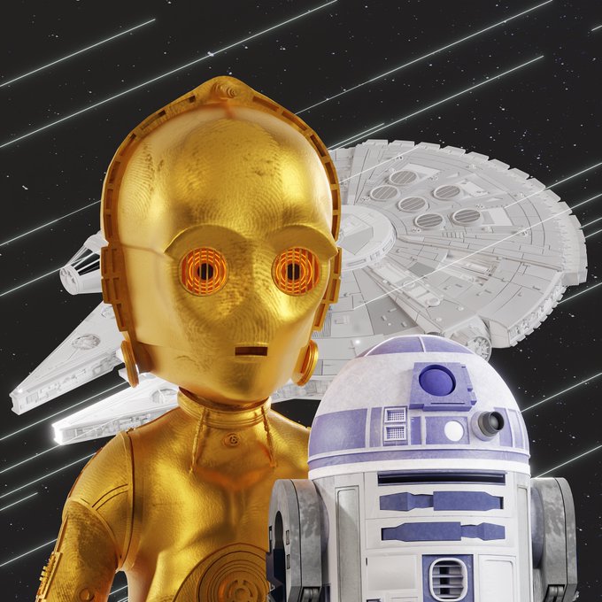 A Star Wars themed image featuring the droids C-3PO and R2-D2 in the foreground, with the Millennium Falcon spaceship and shooting stars in the background.