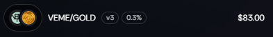 A crypto price ticker showing VEME/GOLD v3 down 0.3% at $83.00 on a dark background.