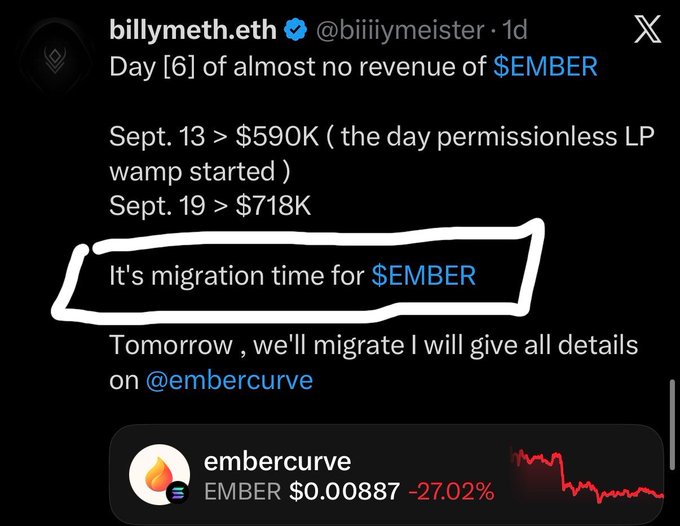 A tweet from @biiiymeister announces 'It's migration time for $EMBER' and details revenue figures from Sept. 13 ($590K) and Sept. 19 ($718K), with the EMBER token shown at $0.00887 (-27.02%).