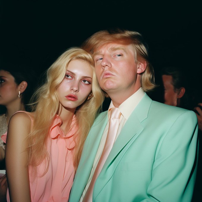 A photograph of Donald Trump in a mint green suit posing closely with a young blonde woman in a pink ruffled blouse at what appears to be an evening event.