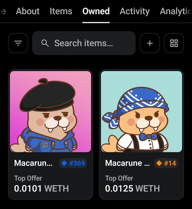 A mobile app interface showing the 'Owned' tab with two cartoon character NFT listings titled 'Macarun...' priced at 0.0101 WETH (#369) and 0.0125 WETH (#14).