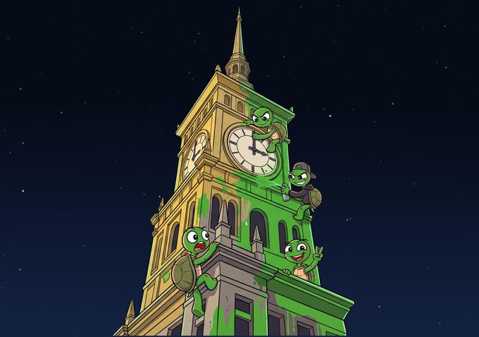A cartoon illustration of four green turtles climbing a tall, illuminated clock tower at night under a starry sky.