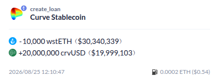 A digital interface showing a 'Curve Stablecoin' loan transaction, with a loan position of -10,000 wstETH and +20,000,000 crvUSD, timestamped 2026/08/25.