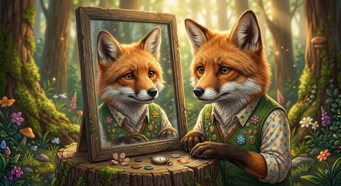 An illustrated anthropomorphic fox wearing a green vest looks at its reflection in a wooden mirror while sitting on a tree stump in a magical forest setting.