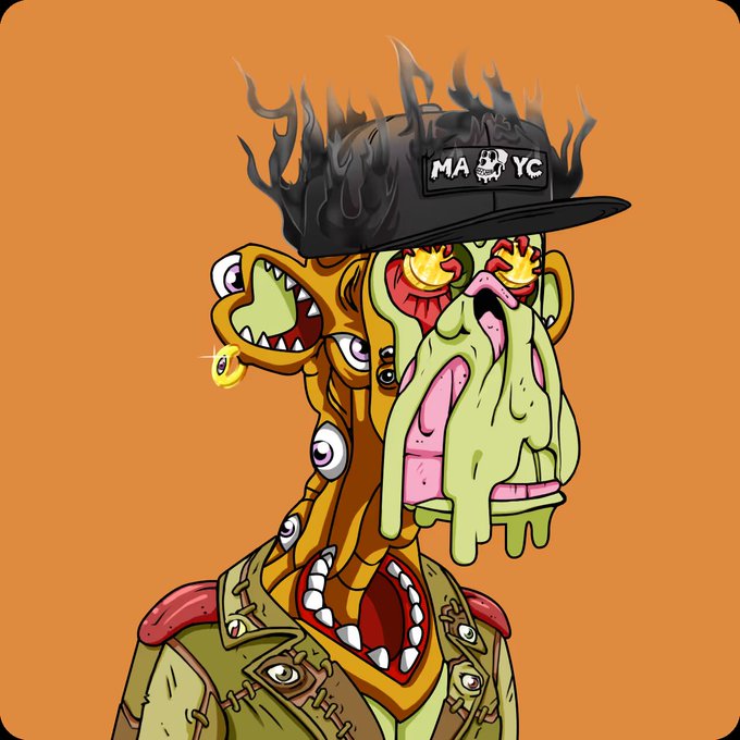 A cartoon illustration shows a grotesque, multi-eyed monster character wearing a black cap with 'MADYC' text and flames, with green slime dripping from its face.