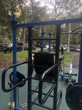 An outdoor gym setup with black metal exercise equipment featuring blue posts, weight plates, and chains, located in a park with trees and parked cars in the background.