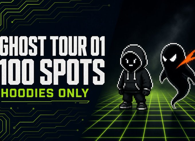 A promotional graphic for "GHOST TOUR 01" advertising "100 SPOTS HOODIES ONLY", featuring pixel-art style characters in hoodies and a ghost against a green grid background.