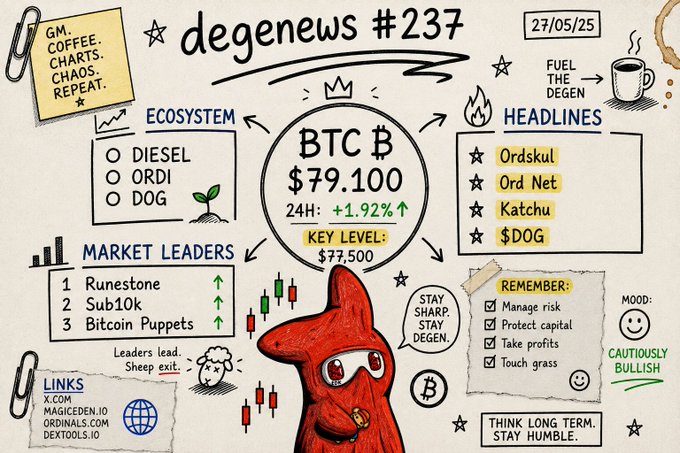 A hand-drawn 'degenews #237' newsletter dated 27/05/25 showing BTC at $79,100 (+1.92%) with a key level of $77,500, featuring ecosystem tickers (DIESEL, ORDI, DOG), market leaders (Runestone, Sub10k, Bitcoin Puppets), and reminders to manage risk and stay humble.