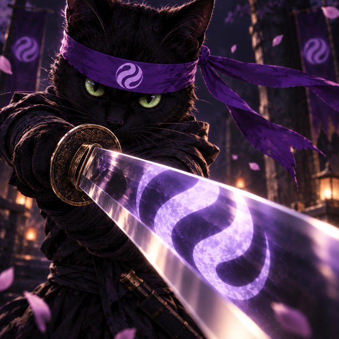 A digital artwork of a black cat dressed as a samurai/ninja with a purple headband, wielding a glowing purple katana featuring the Uniswap (UNI) logo, set against a nighttime scene with lanterns and cherry blossoms.