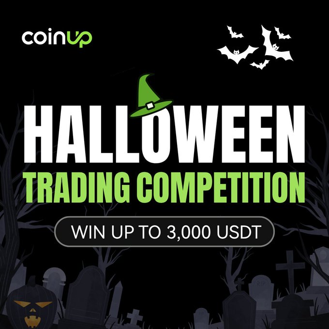 Promotional graphic for CoinUP’s “HALLOWEEN TRADING COMPETITION,” with bats, a green witch hat, gravestones, and the text “WIN UP TO 3,000 USDT.”