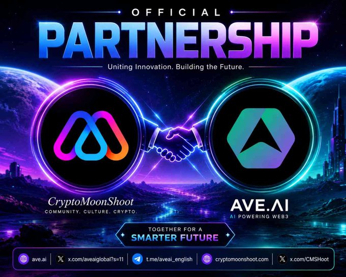 A vibrant partnership announcement graphic featuring the "CryptoMoonShoot" and "AVE.AI" logos inside glowing circular frames, with a handshake icon symbolizing their collaboration against a futuristic cosmic backdrop with the tagline "Uniting Innovation. Building the Future." and "Together for a Smarter Future," along with their website and social handles.