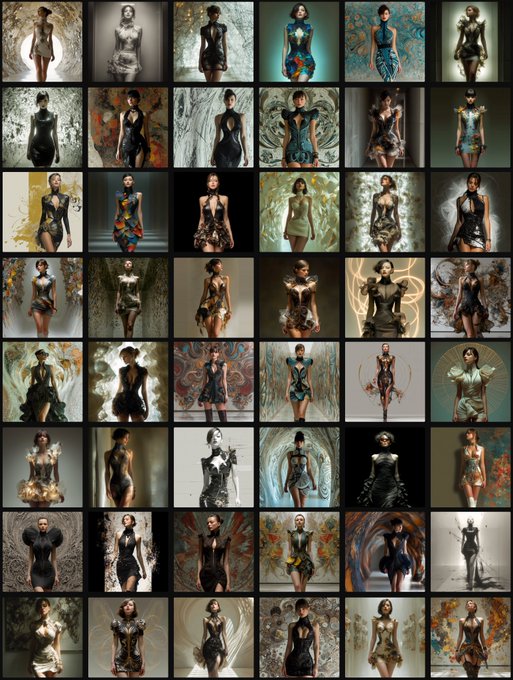 A grid collage featuring numerous images of women in various dark, artistic dresses with intricate patterns.