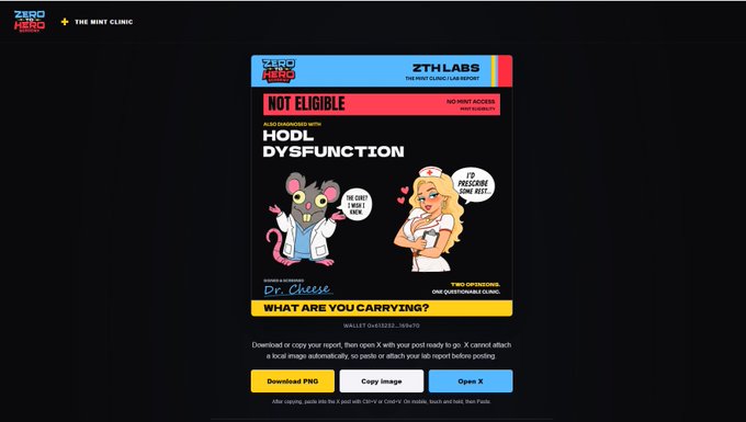 A webpage from ZTH Labs / Zero Hero displaying an NFT labeled "NOT ELIGIBLE - NO MINT ACCESS" with the title "HODL DYSFUNCTION", featuring a cartoon rat, a nurse, and the tagline "WHAT ARE YOU CARRYING?".