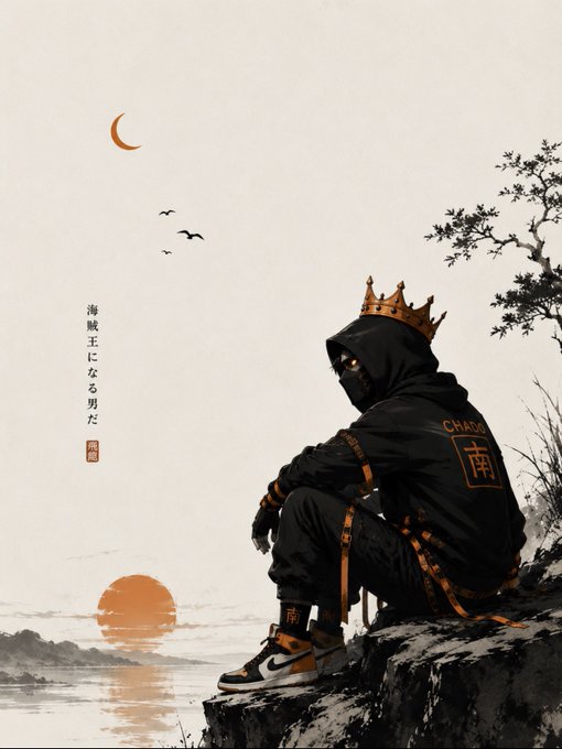 An artistic illustration of a hooded figure wearing a golden crown and black jacket labeled 'CHASE', seated on a rocky cliff overlooking the sea with a setting sun and crescent moon, accompanied by Japanese text '海賊王になる男だ' (A man who will become the Pirate King).
