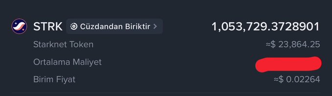 The image shows a crypto wallet portfolio displaying a holding of 1,053,729.3728901 STRK (Starknet Token) tokens, with an average cost basis of approximately $23,864.25 and a current unit price of roughly $0.02264. This illustrates the dramatic loss referenced in the accompanying post, where an investor who paid around $2.50 per STRK to accumulate over a million tokens (~$2.5 million investment) now sees their portfolio valued at less than $24,000, highlighting the severe depreciation of the Starknet token.