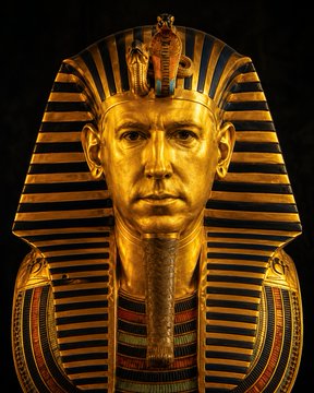 The golden funerary mask of the ancient Egyptian pharaoh Tutankhamun, featuring the striped nemes headdress.