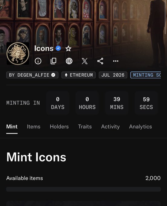 A cryptocurrency NFT minting page for a collection called "Icons" by @DEGEN_ALFIE on Ethereum, showing a countdown timer and indicating 2,000 available items for mint.