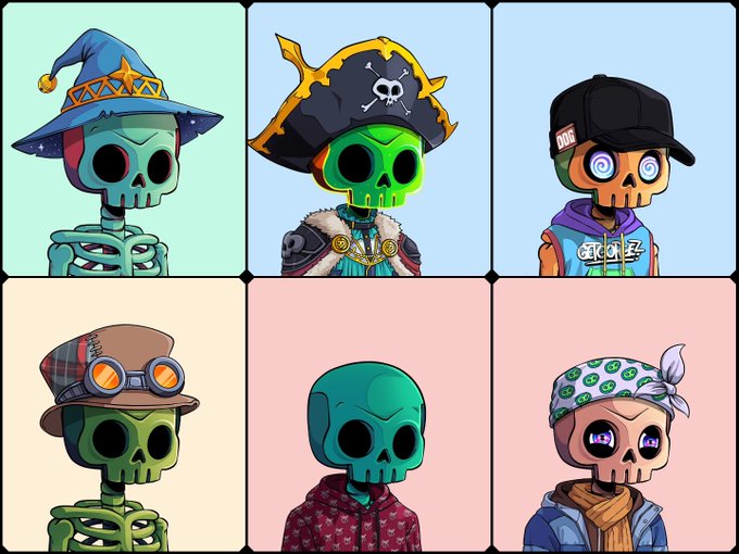 A six-panel cartoon of stylized skeleton/skull characters wearing various outfits including a wizard hat, pirate hat with skull and crossbones, black cap, top hat with goggles, plain hooded sweater, and bandana, each on different colored backgrounds.