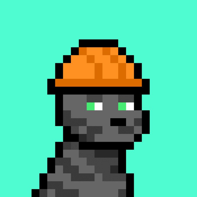 A pixel art character with a gray face, green eyes, and an orange cone-shaped hat on a teal background.