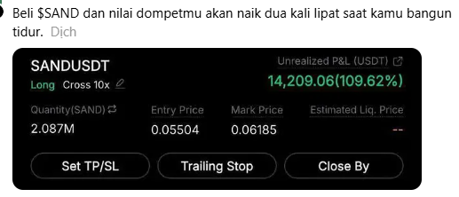 A screenshot of a crypto trading position for the token SANDUSDT showing a long cross 10x position with an unrealized profit and loss of 14,209.06 USDT (109.62%).
