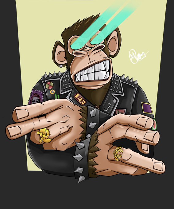 A cartoon-style illustration of an angry punk monkey wearing a spiked black leather jacket, showing large gold-crowned teeth and chunky rings, with glowing green laser beams shooting from its eyes.