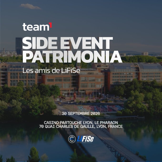 A promotional poster for a 'team1 SIDE EVENT PATRIMONIA - Les amis de LiFiSe' taking place on 30 SEPTEMBRE 2026 at Casino Partouche Lyon, Le Pharaon in Lyon, France.