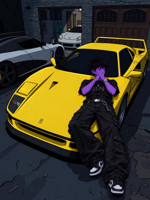 An anime-style illustration shows a person with purple-tinted skin and dark clothing reclining on the hood of a yellow Ferrari F40 in a garage.