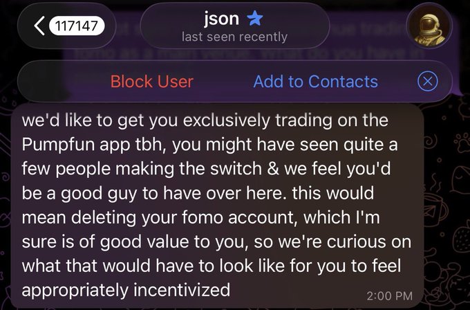 A Telegram message from a verified user 'jason' reads: "we'd like to get you exclusively trading on the Pumpfun app tbh, you might have seen quite a few people making the switch & we feel you'd be a good guy to have over here. this would mean deleting your fomo account, which I'm sure is of good value to you, so we're curious on what that would have to look like for you to feel appropriately incentivized."
