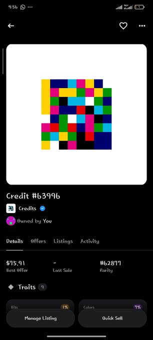 Mobile app screenshot displaying a colorful pixelated art piece labeled 'Credit #63996' from the 'Credits' collection, showing a best offer of $15.91, last sale listed as dash, rarity #62897, with options to Manage Listing and Quick Sell.