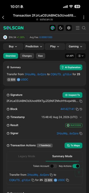 A Solscan.io mobile transaction page showing a completed transfer of $25 USDC from address 2HzuWq...6cQzrs to C0KzTS...g1Uluv, with timestamp August 24, 2026.