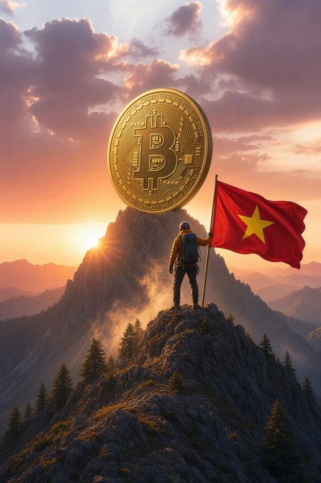 A hiker on a mountain peak plants a Vietnamese flag beside a giant golden Bitcoin coin at sunrise, symbolizing Vietnam's crypto achievement as $BTC reaches the 78k milestone on 1/9/2026.