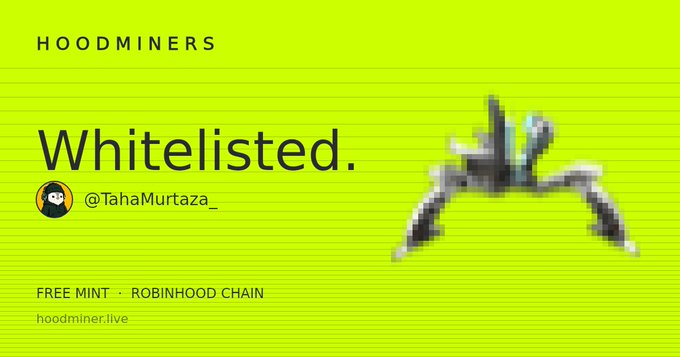 A green graphic from HOODMINERS announcing 'Whitelisted' for user @TahaMurtaza_, labeled as a 'FREE MINT · ROBINHOOD CHAIN' at hoodminer.live.