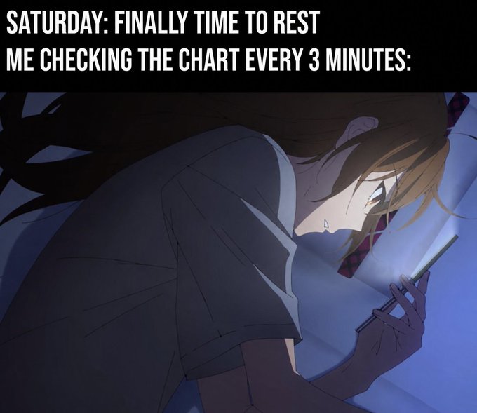 An anime-style illustration of a girl in bed looking at her phone in the dark, with caption text reading 'SATURDAY: FINALLY TIME TO REST / ME CHECKING THE CHART EVERY 3 MINUTES:'