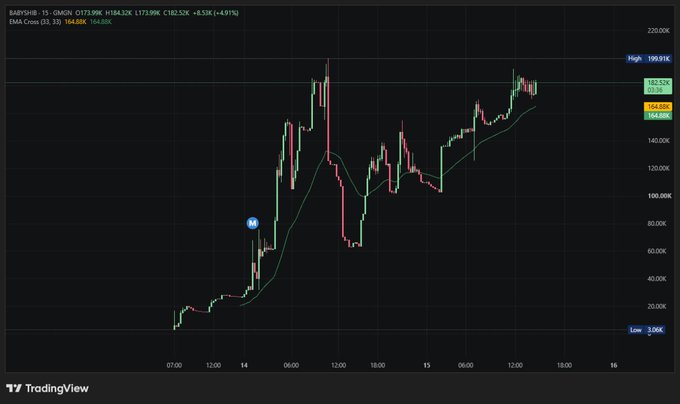 A TradingView candlestick chart of BABYSHIB on GMGN showing a price of 173.99K, EMA Cross (33,13) at 164.88K, with a high of 199.91K and low of 3.06K, displaying a -4.91% change.