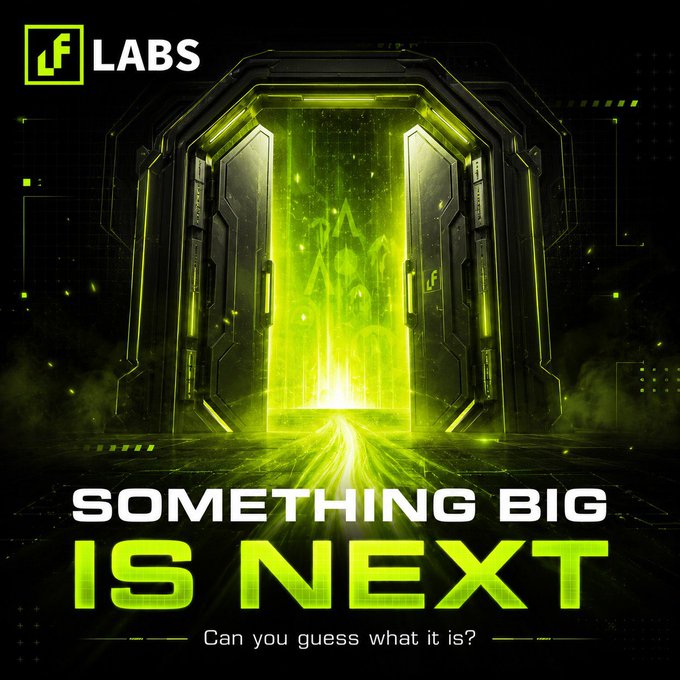 A glowing neon-green sci-fi vault door opens onto a digital landscape, with the "LF LABS" logo at the top and "SOMETHING BIG IS NEXT – Can you guess what is?" text below, visually teasing the imminent $LF token reveal teased in the post.