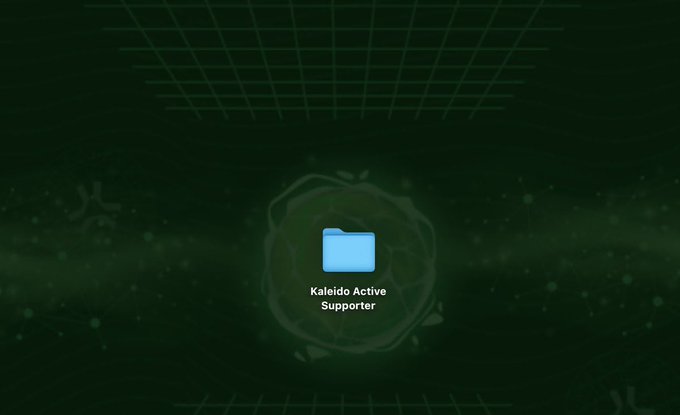 A computer desktop screen displaying a blue folder icon labeled "Kaleido Active Supporter" against a dark green background with grid lines and a circular emblem.