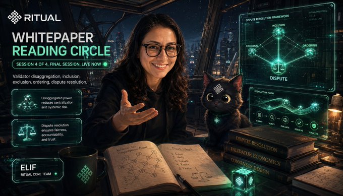A promotional graphic for 'RITUAL WHITEPAPER READING CIRCLE' featuring a smiling woman, a black cat, and diagrams about dispute resolution and validator disaggregation.