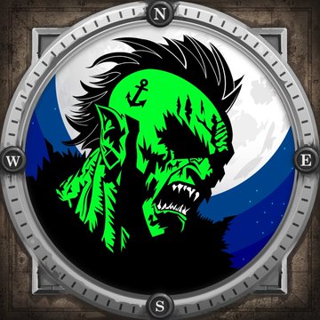 A stylized illustration of a green-skinned, zombie-like troll face with sharp teeth, framed within a compass design against a full moon.
