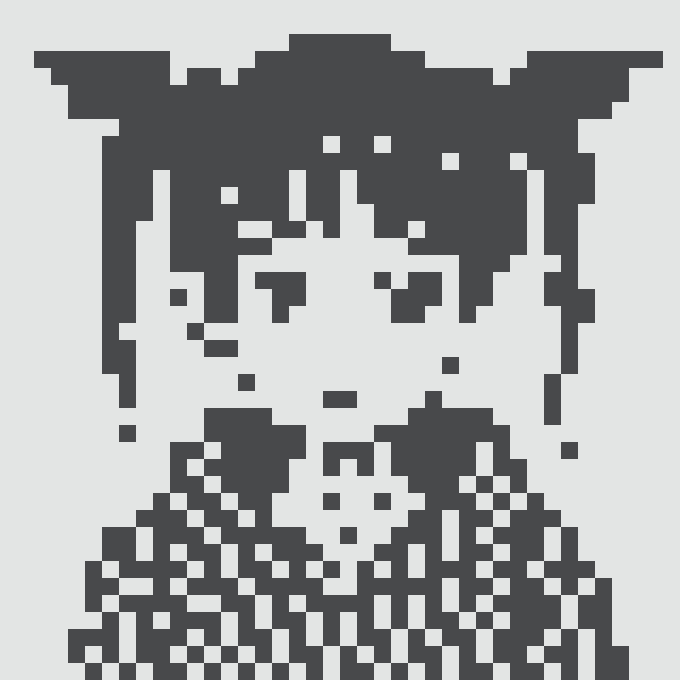 A pixelated black and white 8-bit style image depicting a vague, blocky portrait of a person or character, heavily distorted and lacking clear facial features.
