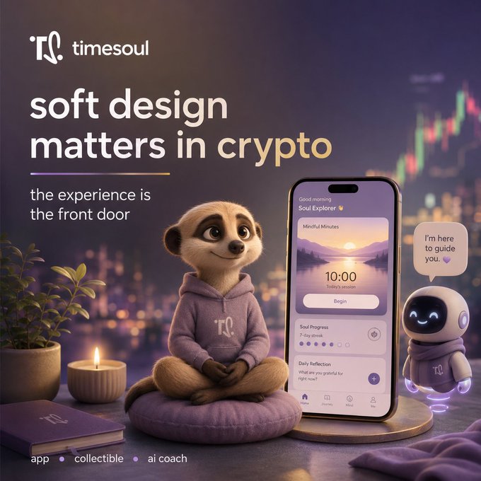 An advertisement for "timesoul" featuring a meditating meerkat in a purple hoodie next to a smartphone displaying a meditation app called 'Soul Explorer' with a 10:00 timer, alongside a small robot saying 'I'm here to guide you.'