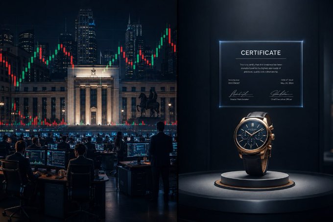 The image shows a split scene: on the left, traders at terminals in front of a stock exchange building with candlestick charts, and on the right, a luxury watch displayed beneath a framed "CERTIFICATE" of authenticity. The visual contrasts TradFi's tokenization momentum with the remaining physical-asset verification gap, illustrating the post's point that a tokenized Rolex is only as trustworthy as its authentication layer.