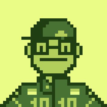 A pixel art portrait of a soldier wearing a cap and glasses with a stern expression, rendered in green and olive tones—likely one of the two NFT characters (the "Thick Cap'd Racer" or "Oni in Silk") mentioned in the tweet praising the artwork's aesthetics.