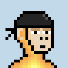 A pixel art avatar depicting a person wearing a black cap and orange shirt against a light blue background.