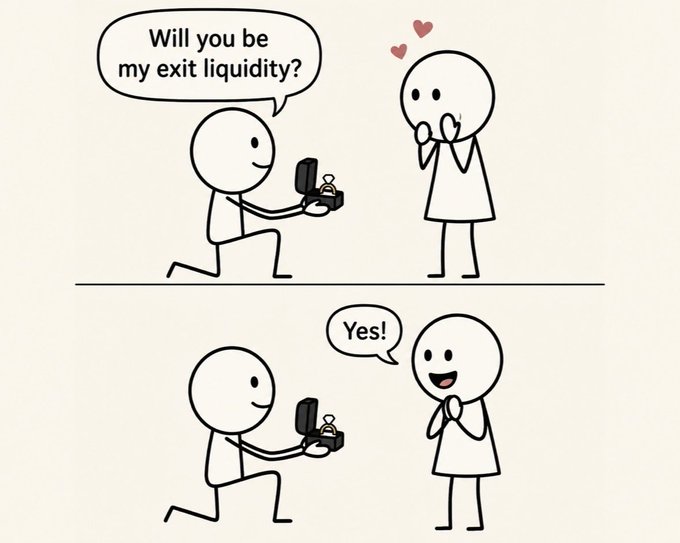 A two-panel stick-figure meme shows a person proposing with a ring, asking "Will you be my exit liquidity?" while the other figure reacts with hearts, then happily replies "Yes!" — illustrating how CT (crypto Twitter) participants enthusiastically agree to be each other's exit liquidity in speculative token plays.