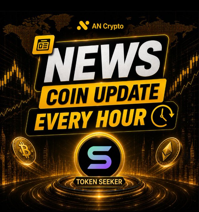 A gold and black digital advertisement for 'AN Crypto' proclaims 'NEWS COIN UPDATE EVERY HOUR' above a Token Seeker logo, flanked by Bitcoin and Ethereum coins.