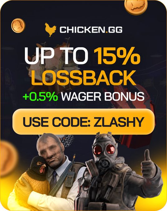 A promotional advertisement for CHICKEN.GG offering 'UP TO 15% LOSSBACK' and '+0.5% WAGER BONUS' with the code 'ZLASHY', featuring game characters in tactical gear.