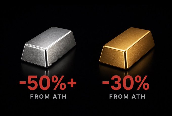 Two gold bars against a black background with text reading '-50%+ FROM ATH' under a silver bar and '-30% FROM ATH' under the gold bar.