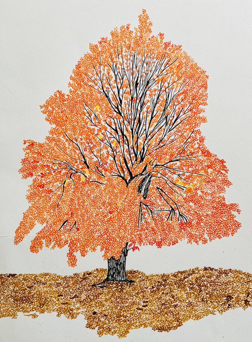 A vibrant pen-and-ink style drawing of an autumn tree with orange foliage standing in a golden grassy field against a white background.