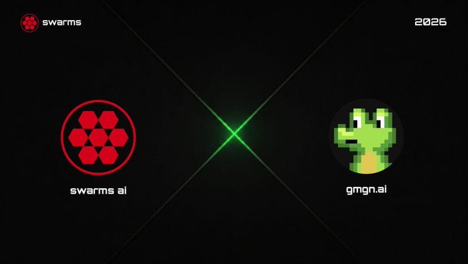 A promotional graphic with the 'swarms' logo on a black background, showing 'swarms ai' with a red hexagon logo on the left and 'gmgn.ai' with a pixelated green crocodile logo on the right, marked '2025'.