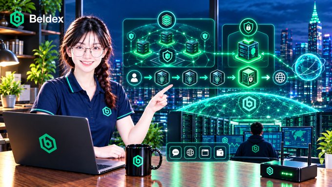 Promotional image for 'Beldex' featuring a smiling woman with glasses pointing at a digital blockchain network graphic, with the company's logo visible on her laptop, mug, and a router on the desk.